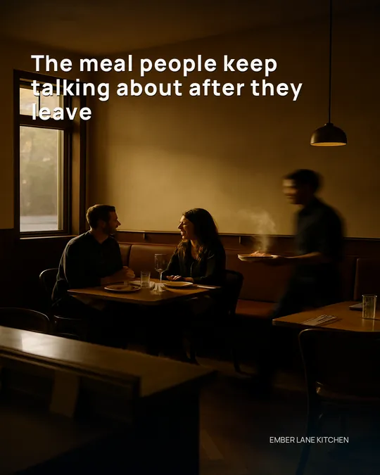 Warm dining room — production campaign artwork awaiting approval