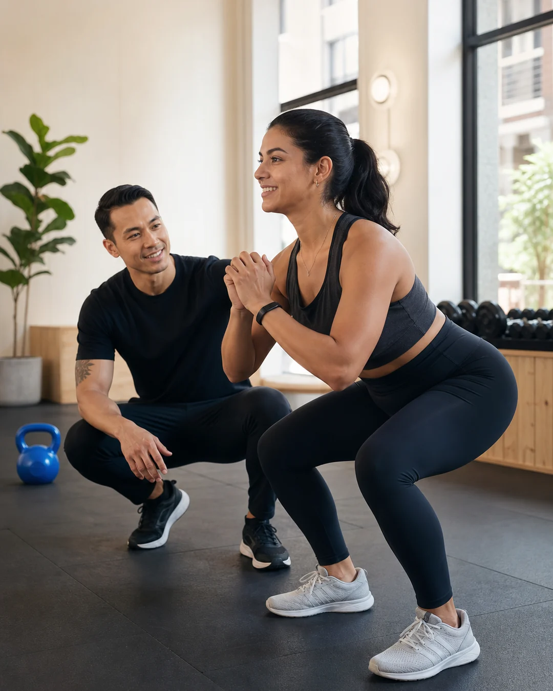 A coach spotting a client during a squat in a bright gym